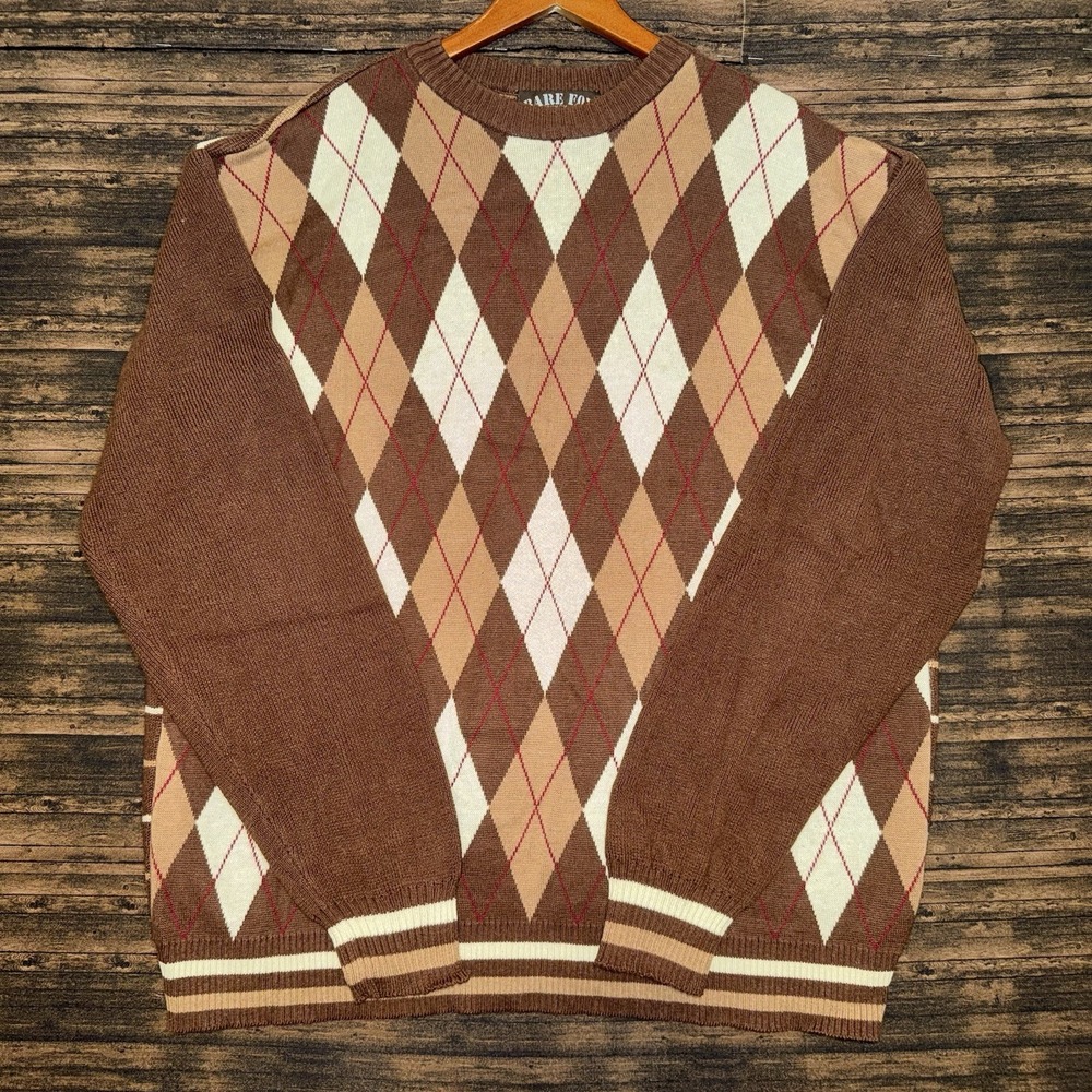 Vintage Bare Fox Argyle Knit Sweater Brown Men's Size 3XL
